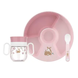 Set pappa Baby 3 pezzi rosa (piatto con divisori, bicchiere e cucchiaio)